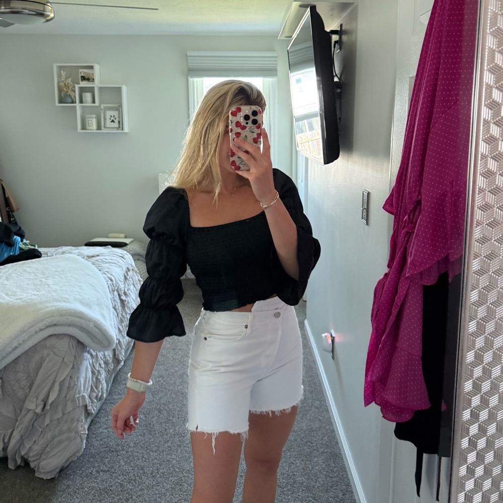 Free People Black Puff Sleeve Top